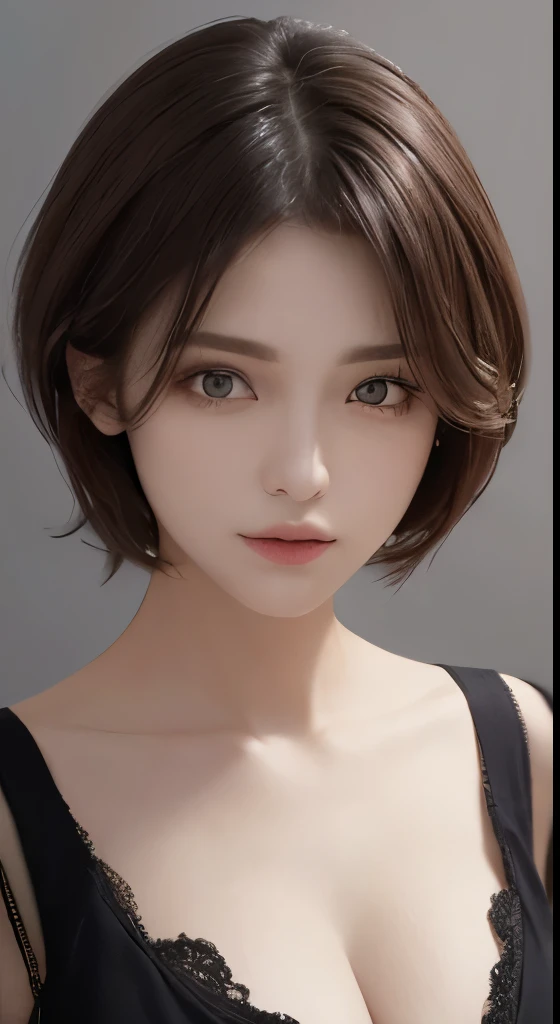 cinematic lighting、perfection、soft light、High resolution skin:1.2、realistic skin texture、、30 years old mature woman、no makeup、Detailed beautiful eyes、short hair、dark brown hair、Bust B Cup、small breasts、、cool pose、Gray background、