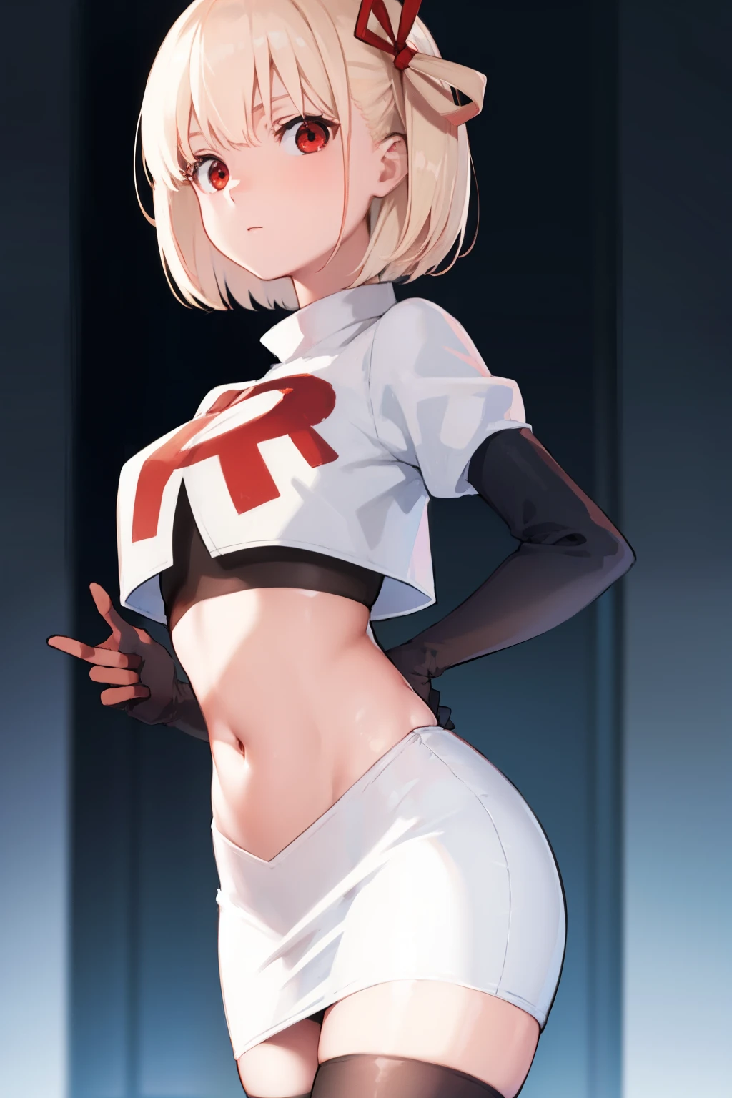chisatonishikigi, nishikigi chisato, short hair, bangs, blonde hair, (red eyes:1.5), hair ribbon, one side up, bob cut,
BREAK team rocket,team rocket uniform, red letter R, white skirt,white crop top,black thigh-highs ,black elbow gloves
BREAK looking at viewer, (cowboy shot:1.5),
BREAK (masterpiece:1.2), best quality, high resolution, unity 8k wallpaper, (illustration:0.8), (beautiful detailed eyes:1.6), extremely detailed face, perfect lighting, extremely detailed CG, (perfect hands, perfect ???????),