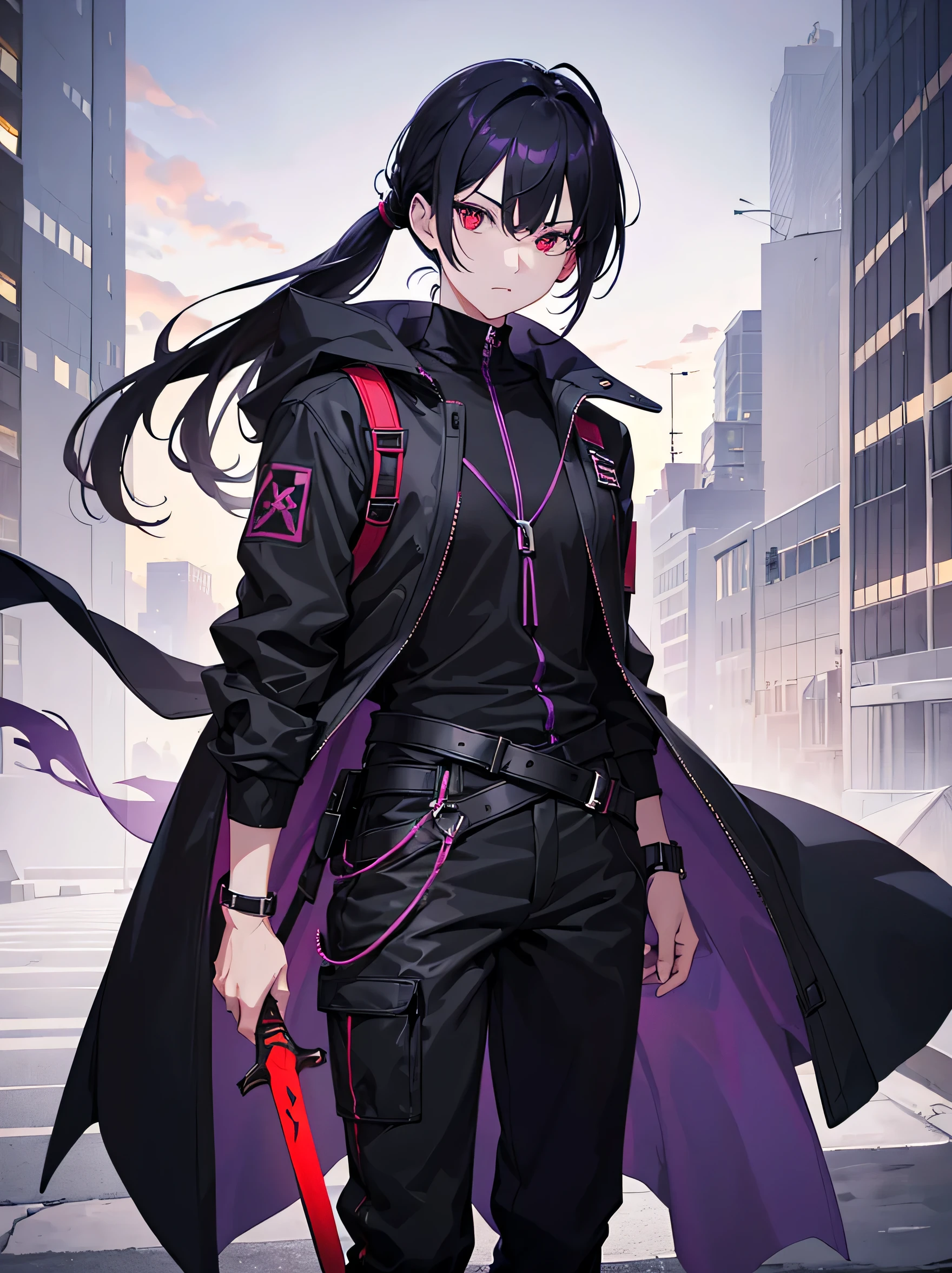 1 guy, with short hair, a long high pony tail that stops around the neck, red eyes(use hex color #fa0a56), with bangs on left and right side of the face, wearing a tech styled black jacket that is open with purple(use hex color #5e05ed for all purple) lining, a long sword hanging like a dufflebag on the back, black joggers for pants and boots. city background, high res, ultrasharp, masterpiece, looking at viewer