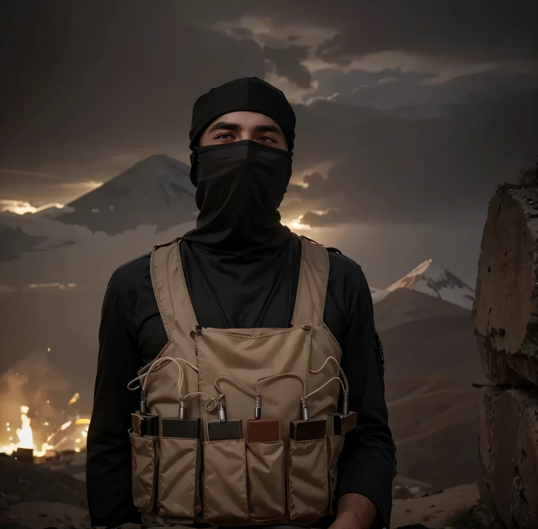 Soldado masculino, se cubre la cabeza con una keffiyeh, and his whole face with a Pasa Montaña hat, typical white clothing from the Middle East, un chaleco bomba con dinamita, Cables y tubos, he holds a detonator in his hands, They are in an Arab city, 4k, ultra detallado image, Realista, muy detallado, perfect composition, gorgeous, Intrincadamente detallado, incredibly detailed, 8 k artistic photography, hiper detallado, obra maestra, ultra detallado, hyper Realista, 4k, ultra detallado image, Realista, muy detallado, perfect composition, hermoso, Intrincadamente detallado, incredibly detailed, 8K fine art photography, hiper detallado, obra maestra