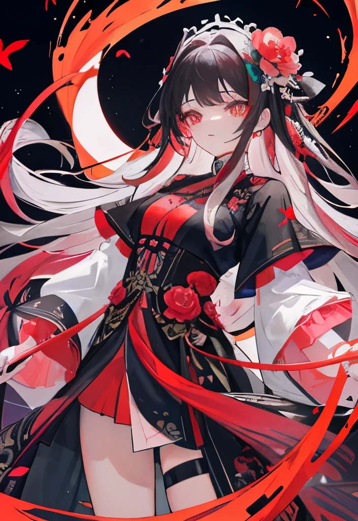(masterpiece, highest quality, highest quality, (No text), Beautiful and aesthetic:1.2),No text,アニメ、BREAK,One Girl，Black Hair Girl　short hair　older sister　choker　Tree Eyes　Beautiful eyes　Red eyes　cool　smile　Red and Black　Black jacket　mini skirt　whole body　In town