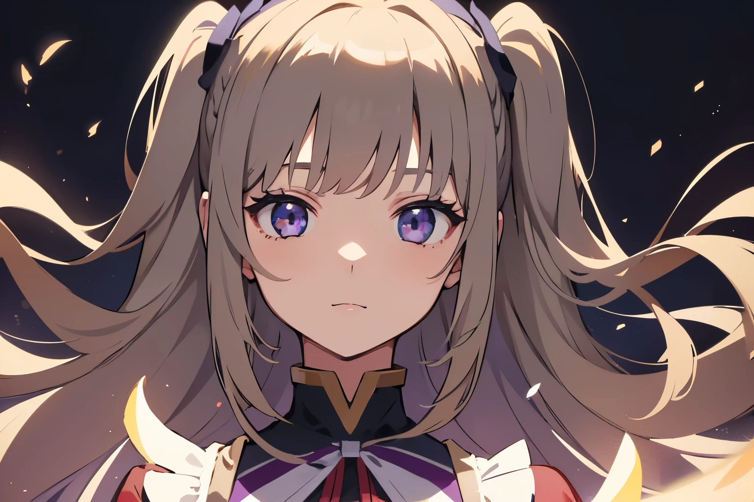 1 person、girl、、light brown gray hair、hairstyle one side up、Blue-purple eyes、slanted eyes、Black Jersey、Sister-like、front、accessories ribbon