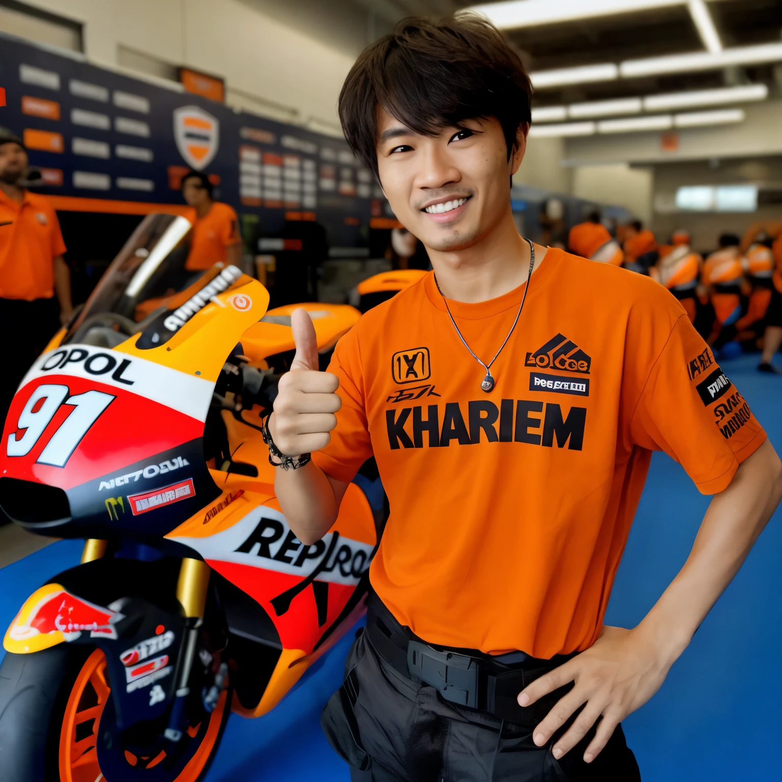 arafed man in an orange shirt giving a thumbs up, macoto takahashi, nico tanigawa, keita morimoto, 🚿🗝📝, repsol honda, akira moto, akira toriyama 📹, marin kitagawa, thawan duchanee, daisuke tsutsumi, yihao ren, kaoru mori, ayamin kojima