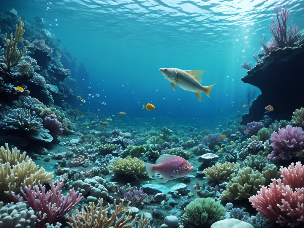 Underwater: running river, small fish, bubbles, pebbles, underwater flowers, best images