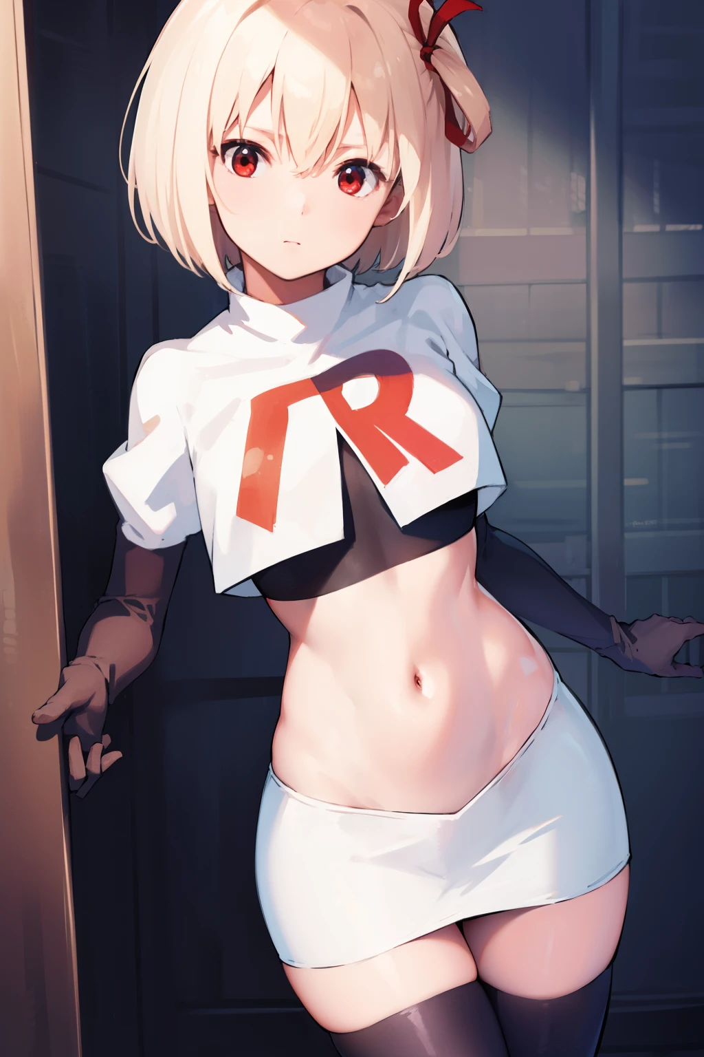 chisatonishikigi, nishikigi chisato, short hair, bangs, blonde hair, (red eyes:1.5), hair ribbon, one side up, bob cut,
BREAK team rocket,team rocket uniform, red letter R, white skirt,white crop top,black thigh-highs ,black elbow gloves
BREAK looking at viewer, (cowboy shot:1.5),
BREAK (masterpiece:1.2), best quality, high resolution, unity 8k wallpaper, (illustration:0.8), (beautiful detailed eyes:1.6), extremely detailed face, perfect lighting, extremely detailed CG, (perfect hands, perfect anatomy),