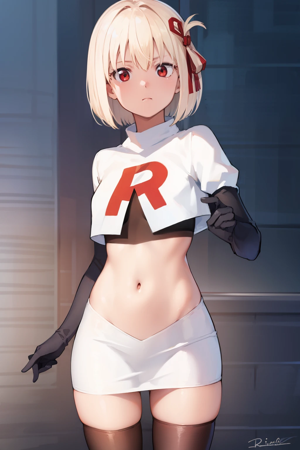 chisatonishikigi, nishikigi chisato, short hair, bangs, blonde hair, (red eyes:1.5), hair ribbon, one side up, bob cut,
BREAK team rocket,team rocket uniform, red letter R, white skirt,white crop top,black thigh-highs ,black elbow gloves
BREAK looking at viewer, (cowboy shot:1.5),
BREAK (masterpiece:1.2), best quality, high resolution, unity 8k wallpaper, (illustration:0.8), (beautiful detailed eyes:1.6), extremely detailed face, perfect lighting, extremely detailed CG, (perfect hands, perfect anatomy),