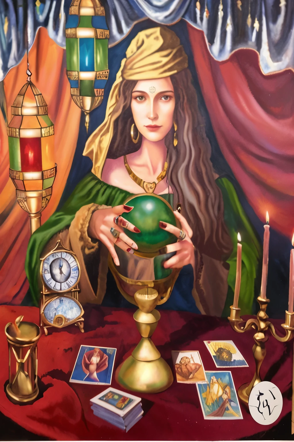 pintura de uma mulher segurando uma bola verde em frente a uma mesa com velas e outros itens, adivinho, tarot art, tarot card art, tarot card enviroment, The Oracle of Ancient Wisdom, inspirado em Michael Cheval, inspirado em E. Charlton Fortuna, as a tarot card, evil realm magic painting vibes, A Feiticeira, tarot style