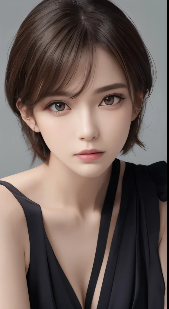 (masterpiece), (Highest image quality), 8K resolution, Super detailed, Super detailed, realism, realism,looking at the camera、30 years old mature woman、small face、no makeup、Detailed beautiful eyes、short hair、dark brown hair、Bust B Cup、small breasts、、cool pose、provocative pose、sexy、silk dress、Beautiful style、Gray background、