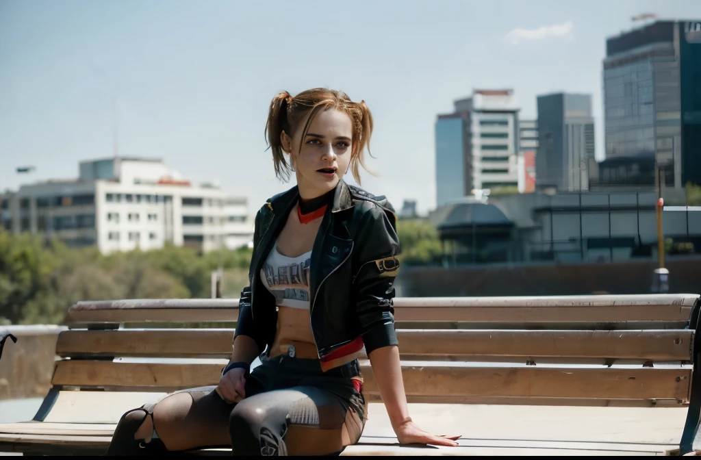 shot of emma watson, harley quinn from dc, passionate look, (sitting on a park bench) (photorealistic) (cinematic) (overcast) (sunlight) (4k resolution) hyperdetailed, (cinematic scene composition by james gunn) , (buildings backgroud) (extremely detailed human anatomy)