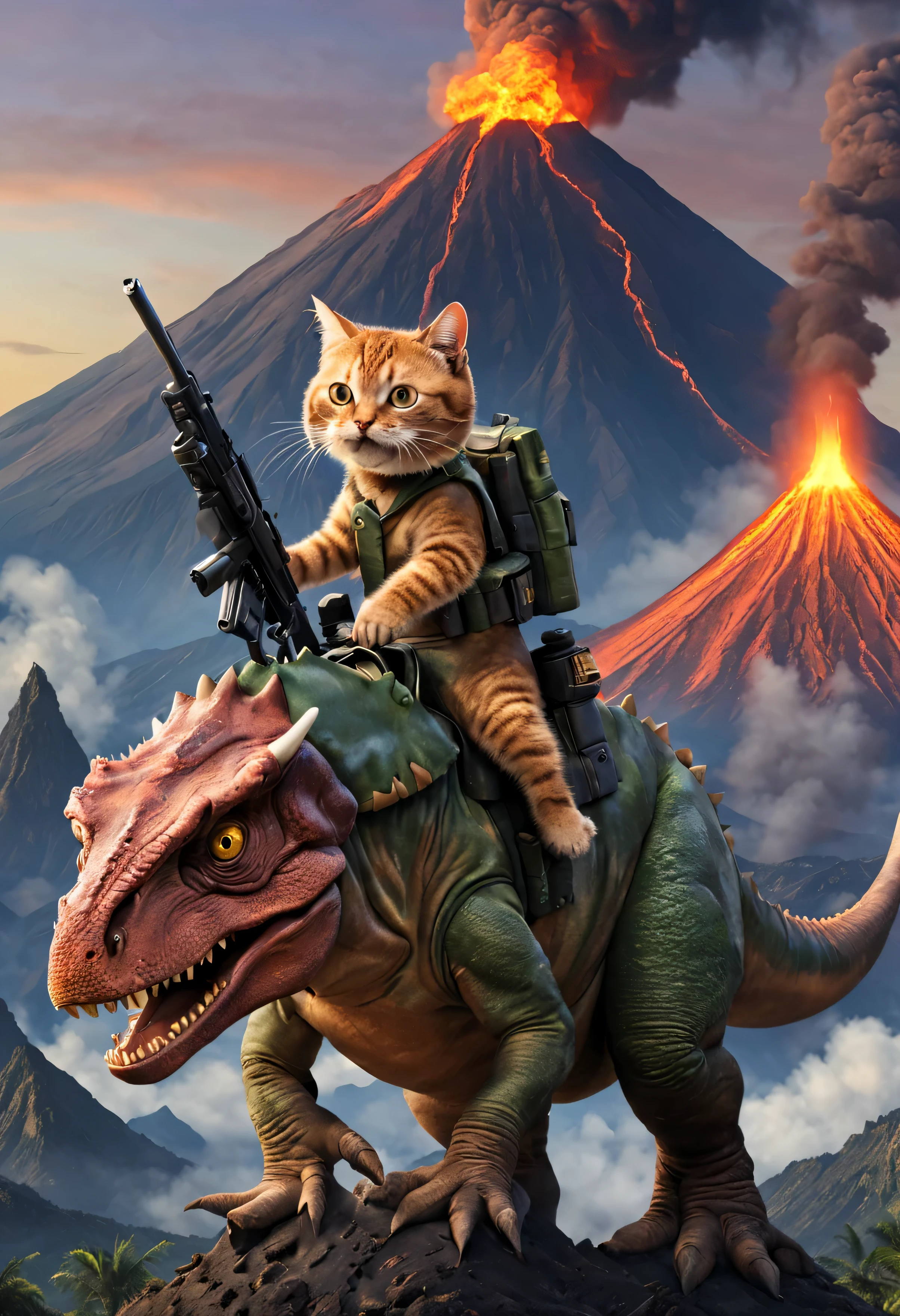 cat riding a dinosaur, holding a machine gun, volcano in the background.