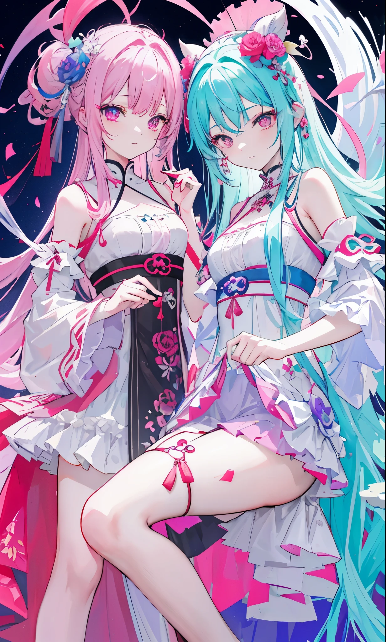 Red pink green blue purple gray cyan peony flowers for decoration，Light green blue purple gray cyan red long hair，Dark red pink green blue purple gray cyan and white clothes，Delicate pupils of blue, purple, gray and cyan，Fairy Sister of Hehuan Sect，A crazy beauty who knows how to whip slaves！