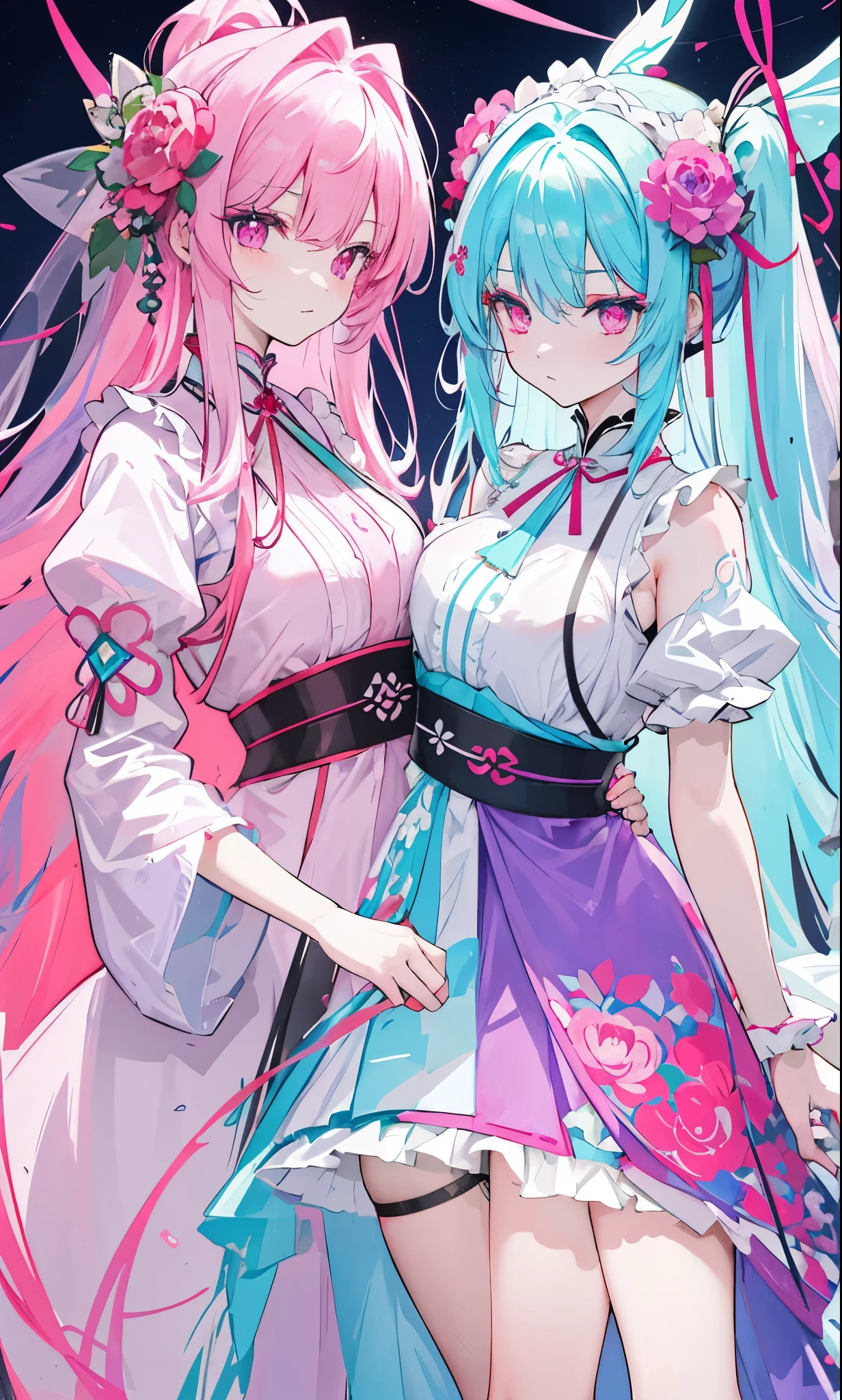 Red pink green blue purple gray cyan peony flowers for decoration，Light green blue purple gray cyan red long hair，Dark red pink green blue purple gray cyan and white clothes，Delicate pupils of blue, purple, gray and cyan，Fairy Sister of Hehuan Sect，A crazy beauty who knows how to whip slaves！