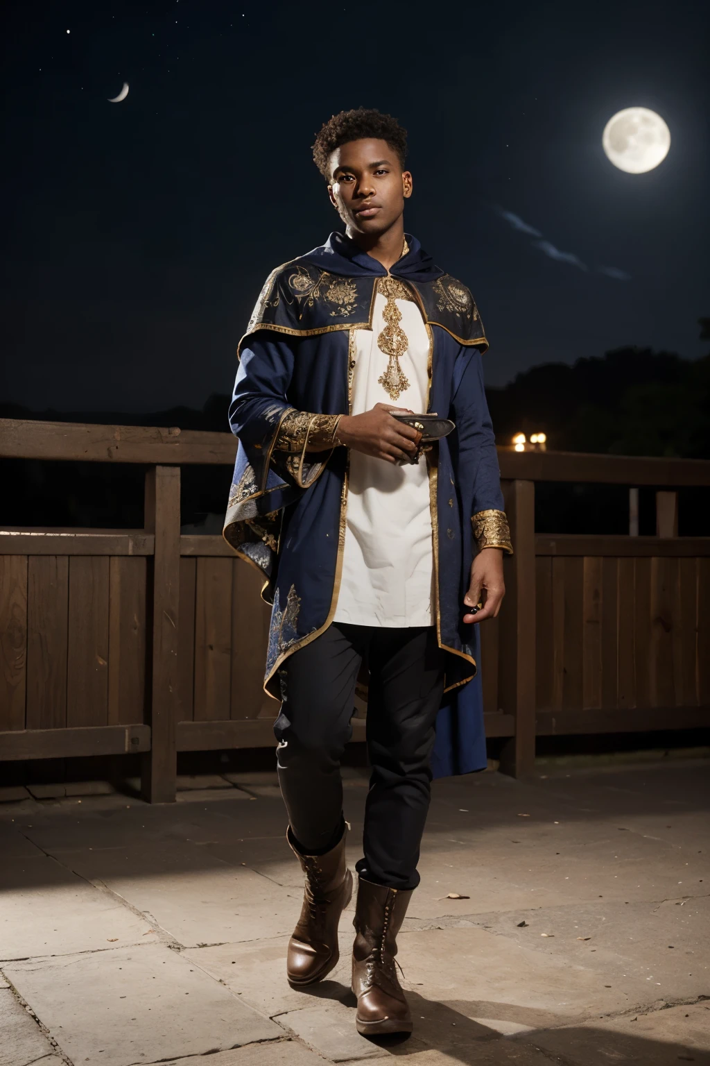Mystical Adventurer:
Young dark-skinned man in his twenties with short hair carrying a fixed double blade A long, flowing tunic, com tons de azul e dourado.
Intricate details of mystical symbols embroidered on the sleeves.
Flowing cape adorned with star and moon patterns.
Comfortable leather boots for travel.