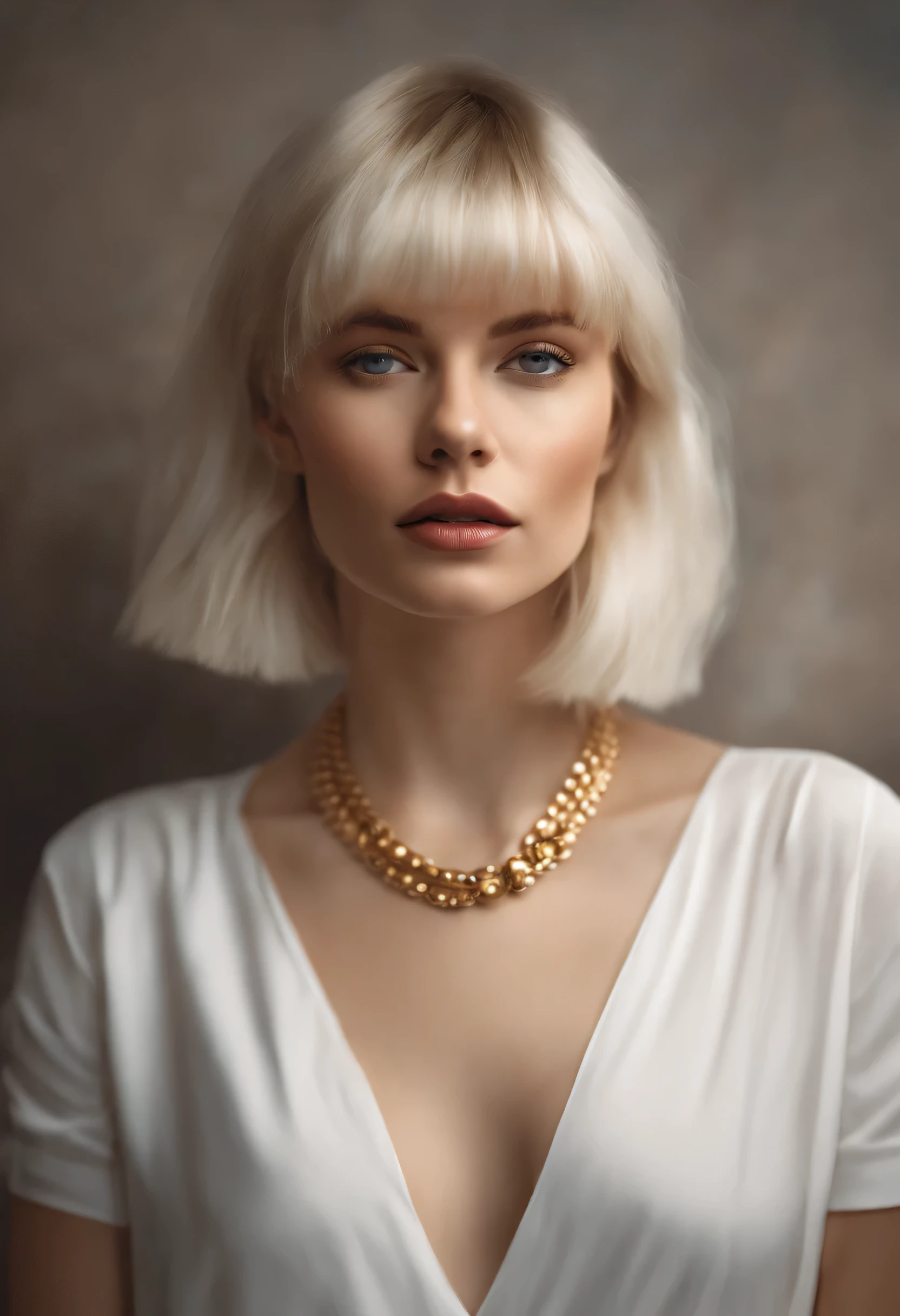 blond woman with a white top and a necklace in a room, a hyperrealistic painting inspired by Hedi Xandt, unsplash contest winner, hyperrealism, white bangs, girl with short white hair, hair whitebangs hair, white french bob, with short hair with bangs, short blonde hair with bangs, anna nikonova aka newmilky, anastasia ovchinnikova