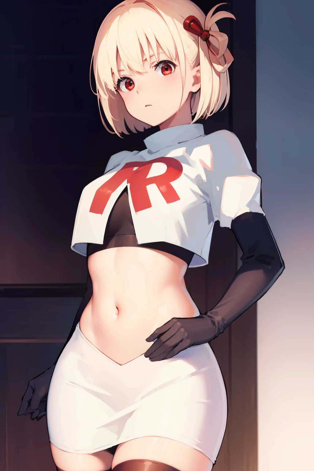 chisatonishikigi, nishikigi chisato, short hair, bangs, blonde hair, (red eyes:1.5), hair ribbon, one side up, bob cut,
BREAK team rocket,team rocket uniform, red letter R, white skirt,white crop top,black thigh-highs ,black elbow gloves
BREAK looking at viewer, (cowboy shot:1.5),
BREAK (masterpiece:1.2), best quality, high resolution, unity 8k wallpaper, (illustration:0.8), (beautiful detailed eyes:1.6), extremely detailed face, perfect lighting, extremely detailed CG, (perfect hands, perfect anatomy),