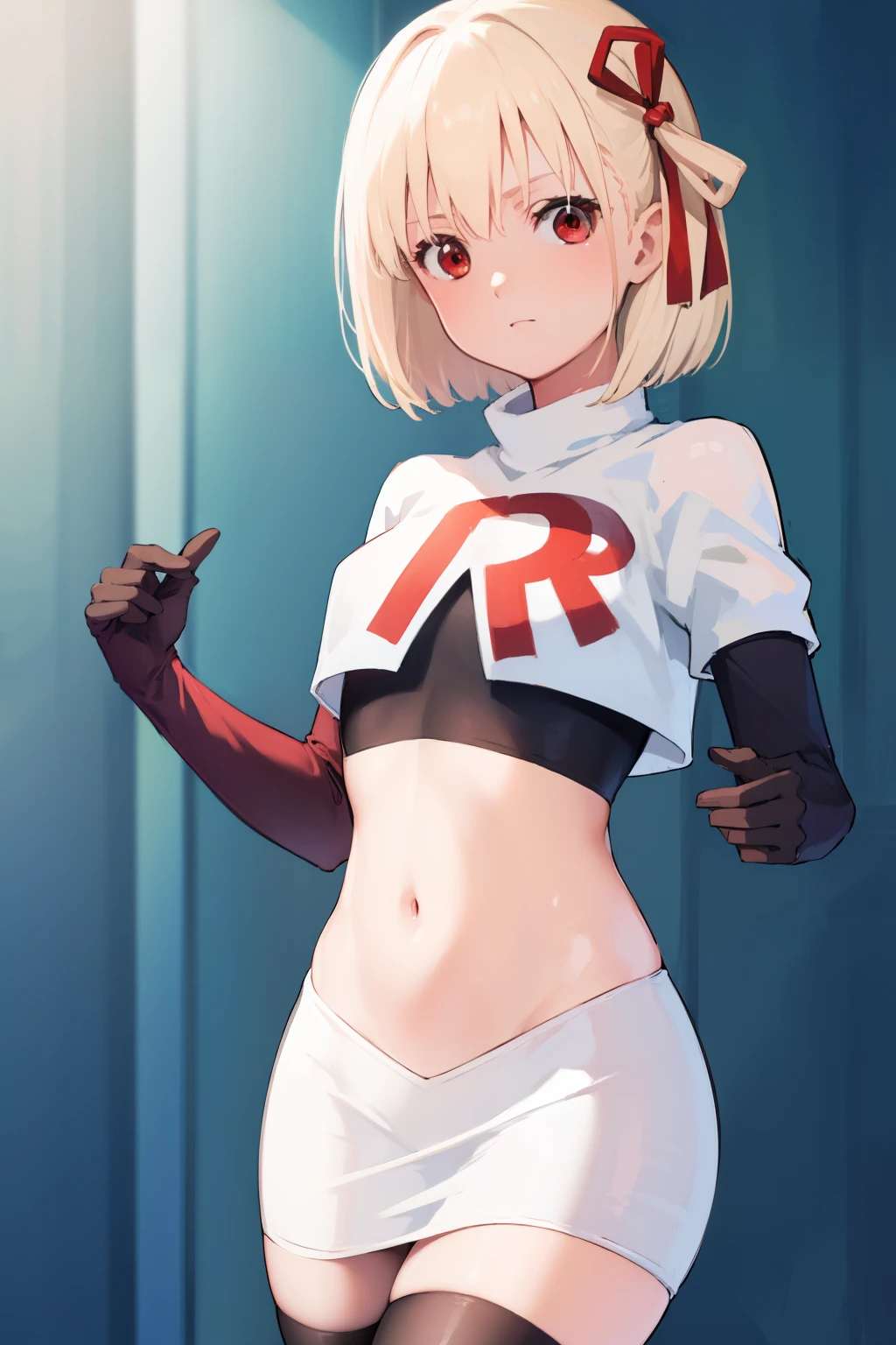 chisatonishikigi, nishikigi chisato, short hair, bangs, blonde hair, (red eyes:1.5), hair ribbon, one side up, bob cut,
BREAK team rocket,team rocket uniform, red letter R, white skirt,white crop top,black thigh-highs ,black elbow gloves
BREAK looking at viewer, (cowboy shot:1.5),
BREAK (masterpiece:1.2), best quality, high resolution, unity 8k wallpaper, (illustration:0.8), (beautiful detailed eyes:1.6), extremely detailed face, perfect lighting, extremely detailed CG, (perfect hands, perfect anatomy),