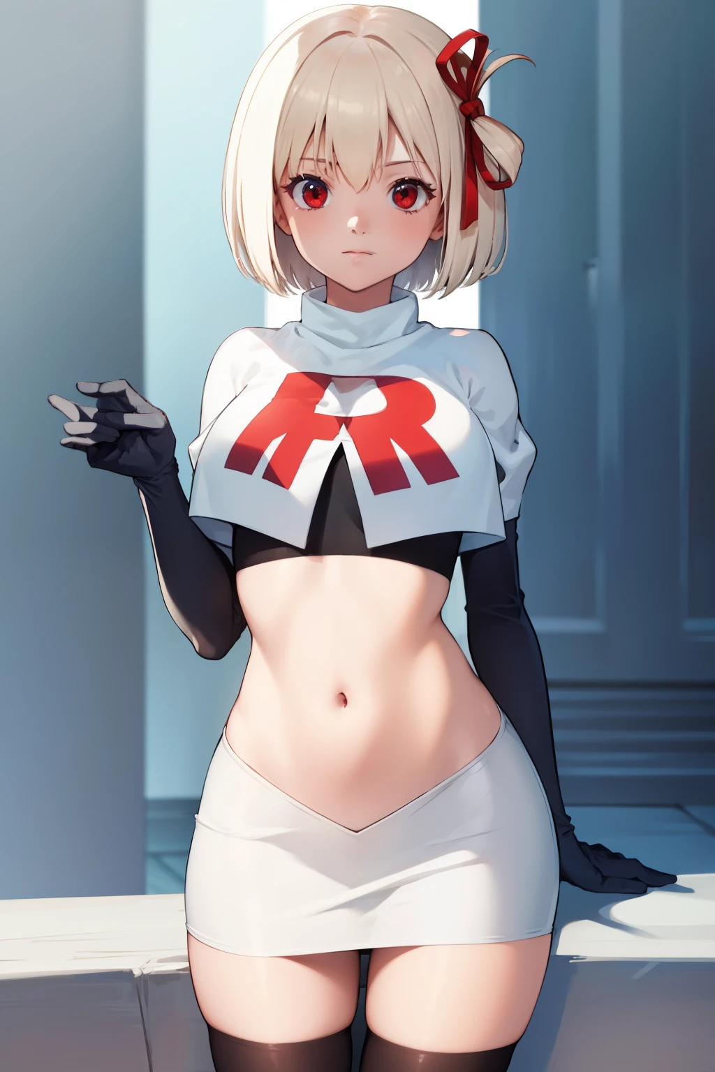 chisatonishikigi, nishikigi chisato, short hair, bangs, blonde hair, (red eyes:1.5), hair ribbon, one side up, bob cut,
BREAK team rocket,team rocket uniform, red letter R, white skirt,white crop top,black thigh-highs ,black elbow gloves
BREAK looking at viewer, (cowboy shot:1.5),
BREAK (masterpiece:1.2), best quality, high resolution, unity 8k wallpaper, (illustration:0.8), (beautiful detailed eyes:1.6), extremely detailed face, perfect lighting, extremely detailed CG, (perfect hands, perfect anatomy),