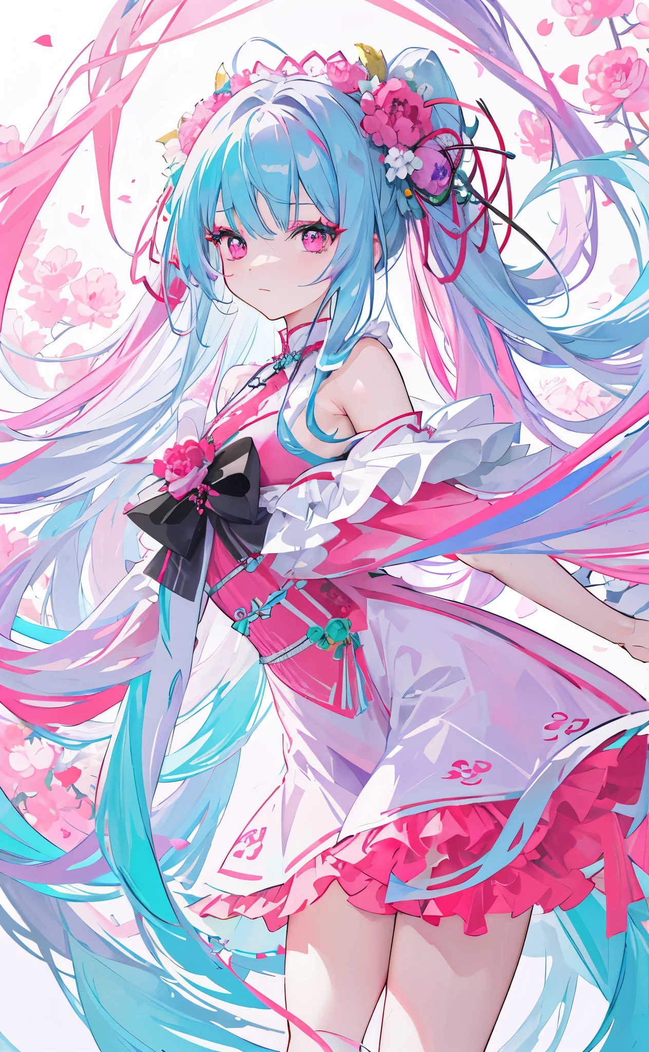 Red pink green blue purple gray cyan peony flowers for decoration，Light green blue purple gray cyan red long hair，Dark red pink green blue purple gray cyan and white clothes，Delicate pupils of blue, purple, gray and cyan，Fairy Sister of Hehuan Sect，A crazy beauty who knows how to whip slaves！