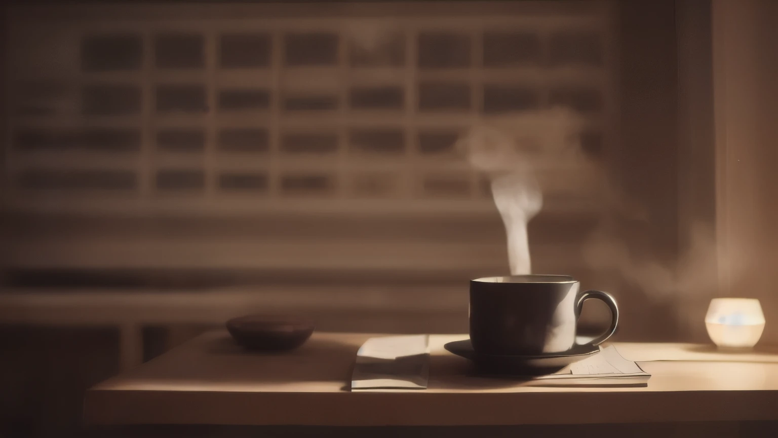 A steaming cup sits on a dimly lit table, surrounded by blurred books and papers. The room's interior fades into shadows, leaving only the warm glow and hints of activity to spark curiosity.