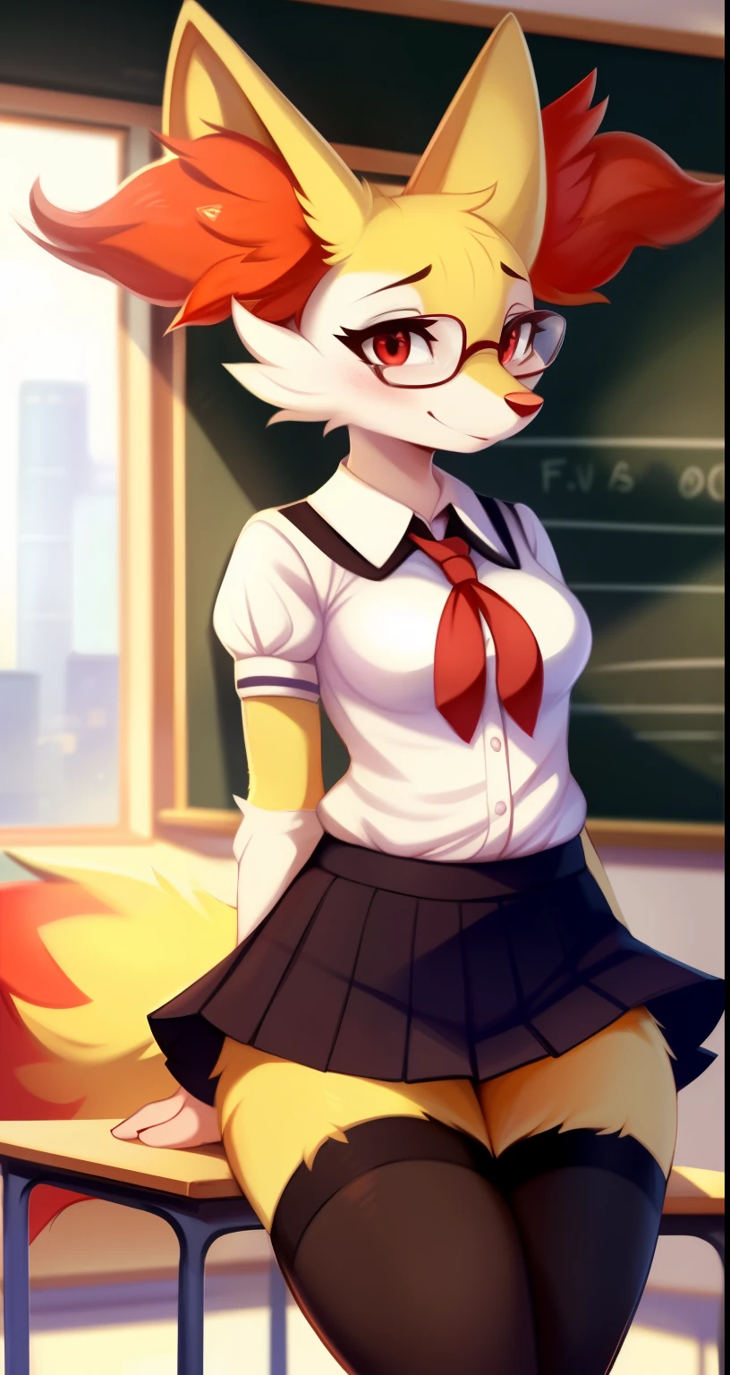 uploaded the e621, beautiful and detailed, woman (((female))) ((anthro)) Braixen, by waspsalad, by phluks, by zero-sum, Furry, Anthro, Female, (half-closed eyes), (red eyes), (medium breasts, hips), (glasses, school girl uniform), classroom, shy face, blush, skirt lift, {(visible panties), (striped panties), (pink panties)}, cinematic lighting, (anthro, fluffy fur, character focus:1.1), anime-style cartoon-style, digital drawing