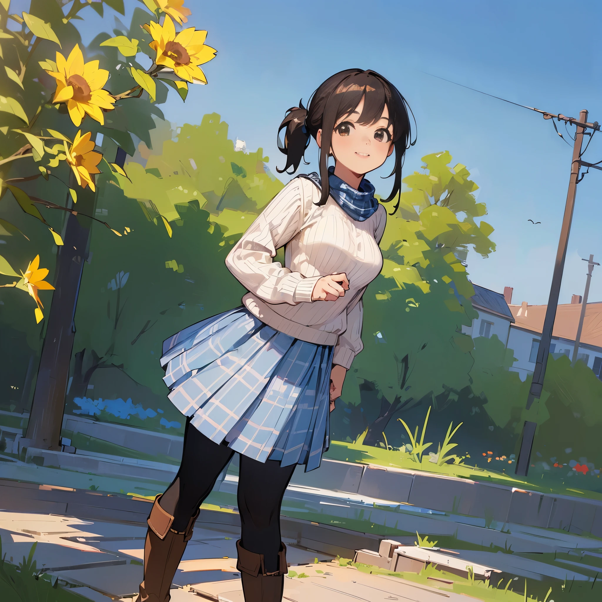 (high quality, high resolution, Super detailed, Reality:1.37), peaceful atmosphere, (outdoor, garden), Teenage girl standing alone, (My breasts are big.), Beautiful detailed features, cute smile, (black hair ponytail), ribbed sweater, blue plaid skirt, Black tights, brown boots.