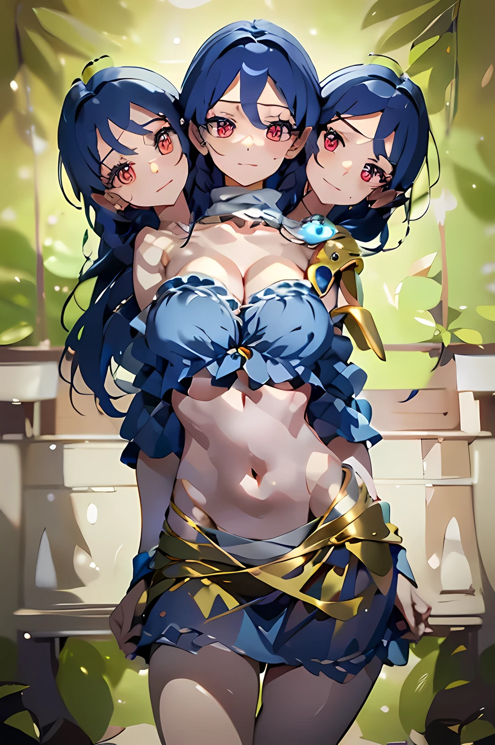 (masterpiece, best quality), best quality, (ultra-detailed), (3heads:1.5), 1girl, (Megumu Iizunamaru:1.3), masterpiece, best quality, dark blue top, crop top, ((stomach)), midriff, ((groin)), dark blue skirt, normal ears, shackles, blue hair, very long hair, wavy hair, sidelocks, red eyes, detailed eyes, parted lips, single horn, sweat, cute, toned belly, hand on own chest, eyelashes, (24 year old woman:1.3), (masterpiece:1.5), (best quality:1.5), (beautiful detailed), extremely detailed CG, extremely delicate and beautiful, depth of field, (finely detailed face), (perfect details:1.2), (mature female:1.3), wide pelvis, slender, large veiny breast, 8k resolution, high quality, high definition, extremely detailed, masterpiece, blue hair, long hair, alluring presence, braid, short skirt, close up, big tits, young, blue tokin, golden pauldron,