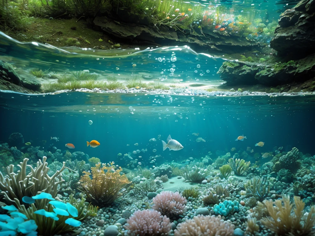 Underwater: running river, small fish, bubbles, pebbles, underwater flowers, best images