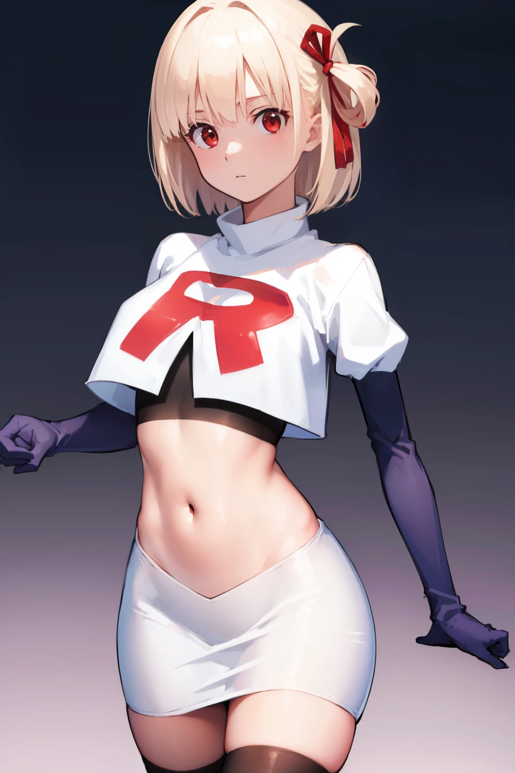 chisatonishikigi, nishikigi chisato, short hair, bangs, blonde hair, (red eyes:1.5), hair ribbon, one side up, bob cut,
BREAK team rocket,team rocket uniform, red letter R, white skirt,white crop top,black thigh-highs ,black elbow gloves
BREAK looking at viewer, (cowboy shot:1.5),
BREAK (masterpiece:1.2), best quality, high resolution, unity 8k wallpaper, (illustration:0.8), (beautiful detailed eyes:1.6), extremely detailed face, perfect lighting, extremely detailed CG, (perfect hands, perfect anatomy),