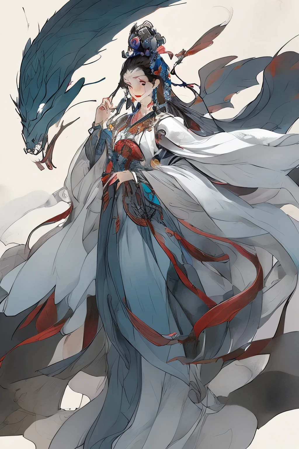 Mr. Cold Dragon and the little girl, ancient chinese clothing, whole body, Sunlight, clear face, clean white background, masterpiece, Super details, epic work, ultra high definition, high quality, Very detailed, official art, 8k wallpaper, Super details, 32k