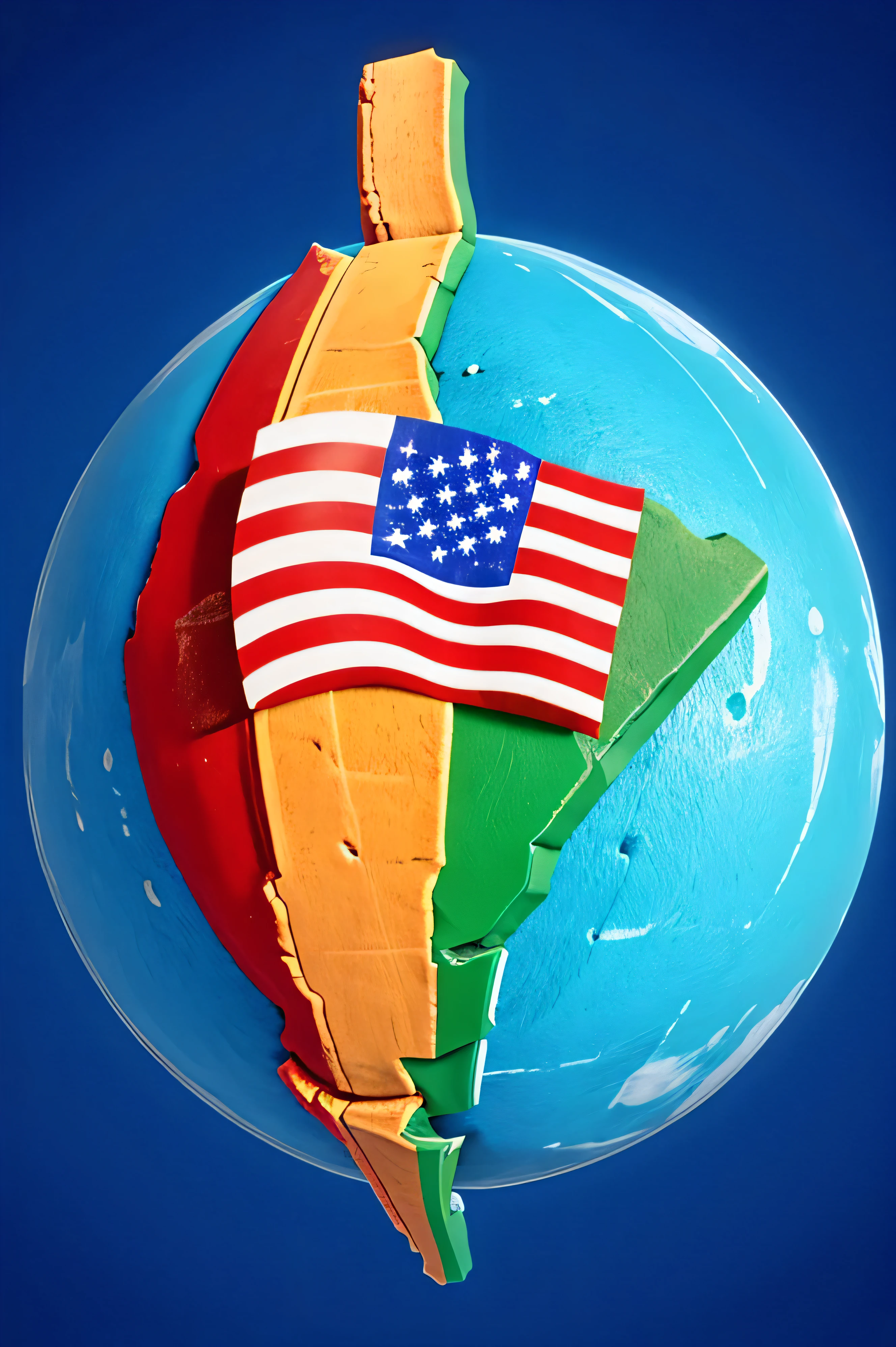 South American continent with the flag of the United States