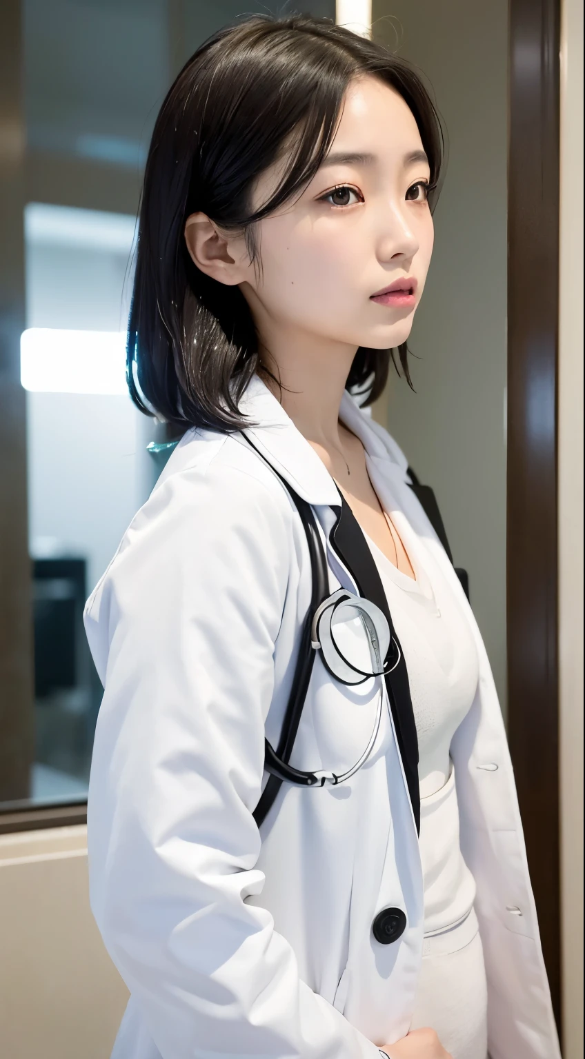 japanese girl, girl in her 20s, small breasts, perfection skin, wet hair, perfection, black hair, brown eyes, doctor working in hospital, White Coat of Doctor,(Stethoscope:1.2), bra, shiny, bright, city, profile, Upper body, look up,master piece