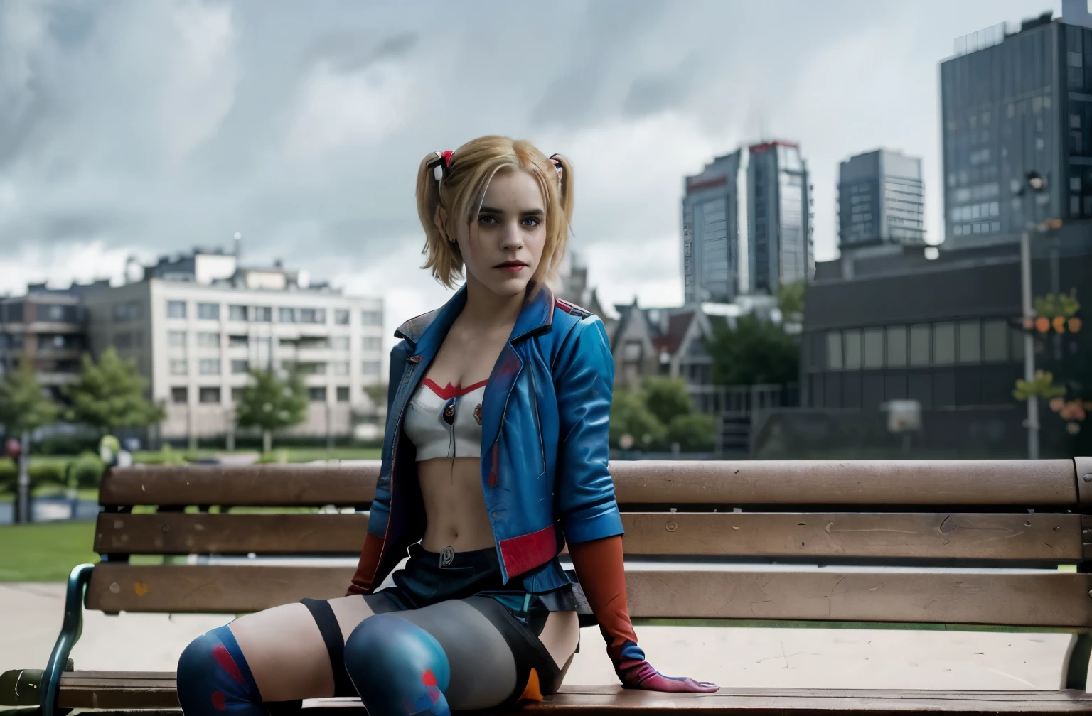 shot of emma watson, harley quinn from dc, passionate look, blonde hair, blue eyes, clown makeup, red and blue jacket, black shorts, big socks, (sitting on a park bench) (photorealistic) (cinematic) (overcast) (sunlight) (4k resolution) hyperdetailed, (cinematic scene composition by james gunn) , (buildings backgroud) (extremely detailed human anatomy)