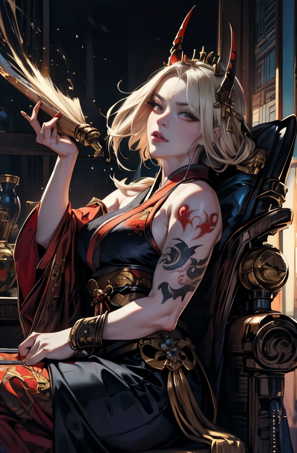 beautiful demon painting, knife剣を携えた鬼の女, knife, 妖knife, knife, strong female samurai, ２Book horns, mouth with fangs, Eyes without pupils, gambling, Flower of Shura, platinum blonde demon, Beautiful red kimono, Oiran, highest ranking woman, Ghost Girl, Female Yakuza, Doji Ibaraki, Shuten Douji, Inspired by Chen Yifei, Inspired by Francesco Hayez, Inspired by Hendrik Terbruggen, Jean＝Works that influenced Auguste Dominique Ingres, Inspired by Liu Jun, Jean＝Works that influenced Auguste Dominique Ingres, highest quality, perfect angle, perfect composition, The perfect subject, best shot, official art, cinematic light, figurative art, Beautiful and expressive paintings, Beautiful artwork illustration, wonderful, cool beauty, clear, Mysterious, highest quality, official art, perfect composition, perfect angle, best shot, women only, sharp outline, pretty much beautiful face, The demon lurking in the darkness of Kyoto, Lord of Chimi-Mourou, A ruthless demon woman, demon queen, Female Yakuza, full body tattoo, Danbilla, 妖knife, wide, Rashomon