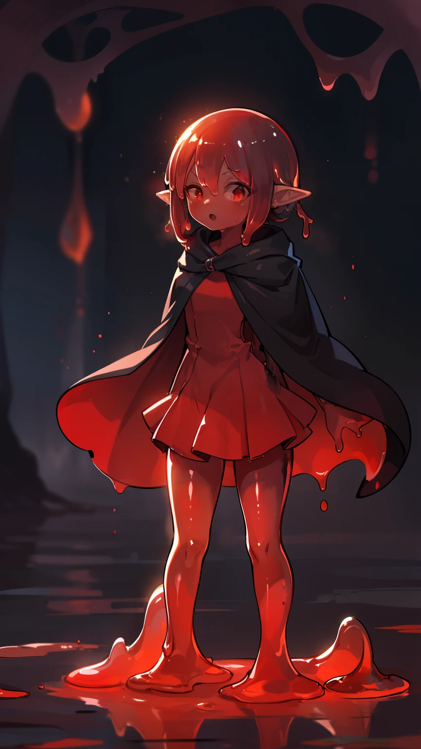 (high-quality, breathtaking),(expressive eyes, perfect face) 1girl, female, solo, adult, medium hair length, slime girl monster, dark grey and red colored skin, red eyes, shiny body, slime demon, slime skin, dress, cloak, pointy ears, multicolored, water like skin, standing up, pigtails
