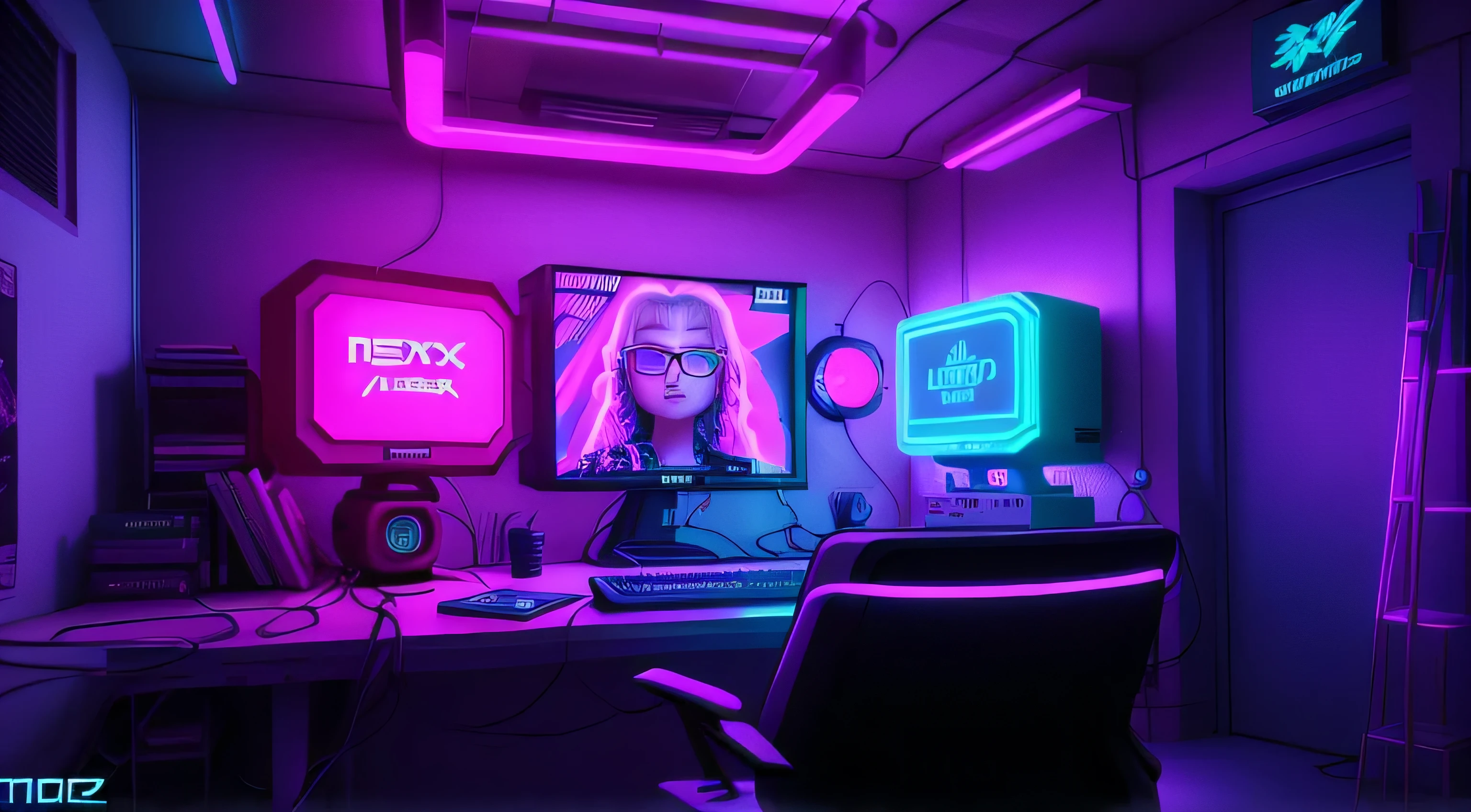 luz roxa em uma sala com um computador e uma mesa, em uma sala com tema cyberpunk, quarto de adolescente cyberpunk, cyberpunk with neon lighting, sala de jogos, Neon Ambient Lighting, Cyberpunk Room at Night, with neon lighting, luz ambiente roxa, jogos liderados, luzes de destaque neon, cyberpunk scene, neon lights in the background, player aesthetic, neon lights in the background