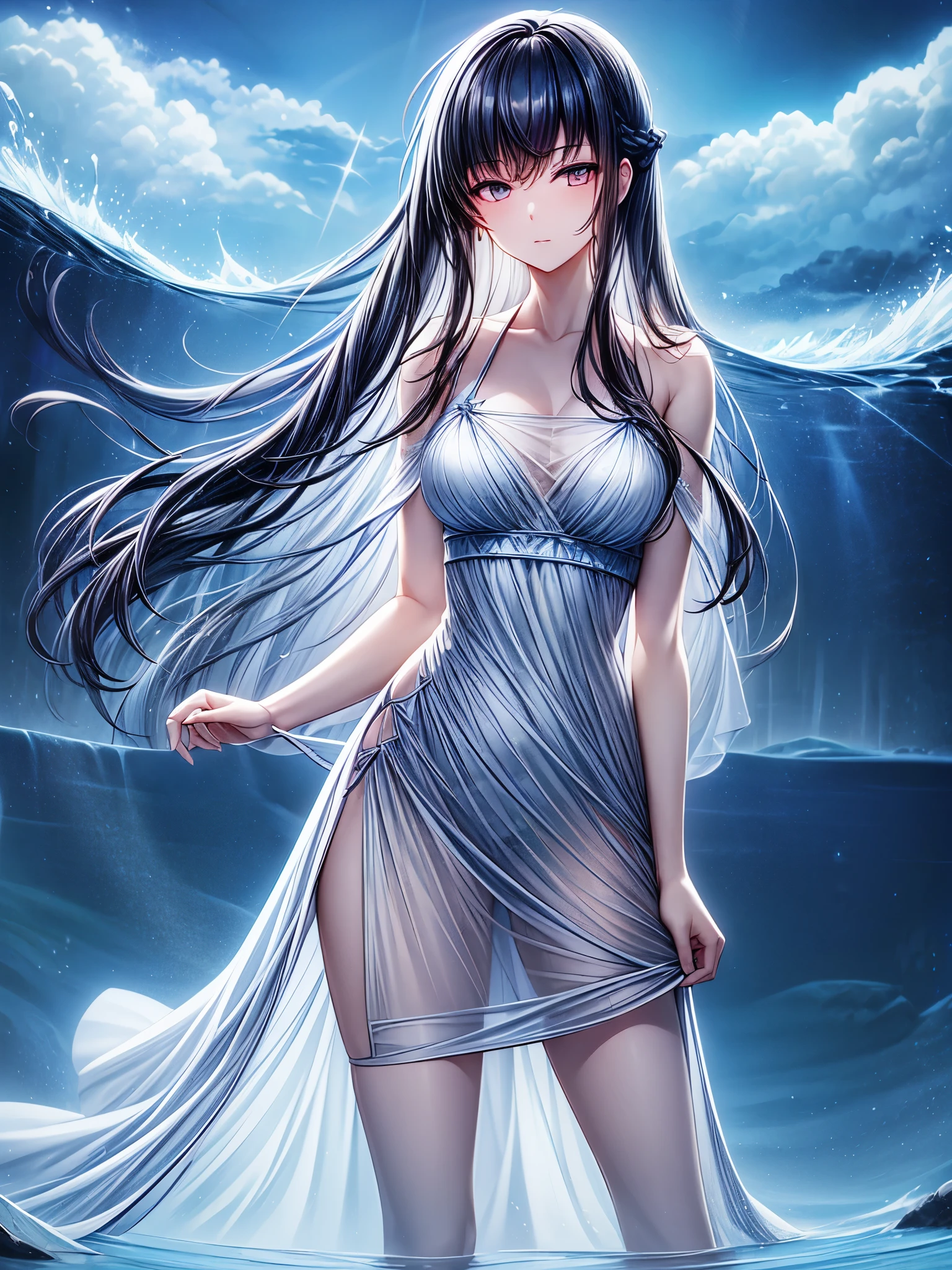 (masterpiece, best quality), ((1girl, solo, long hair)), innocence expression, bare arms, bare shoulders, bare neck, sundress, liquid clothes, water, waves, water dress, blue_theme, night, mist, dark, sharp focus, sea, see-through dress