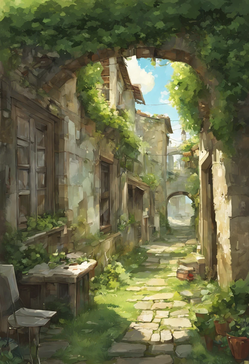 Grass roofs, ruins, summer grass, narrow streets, nostalgic scenes, illustrations.