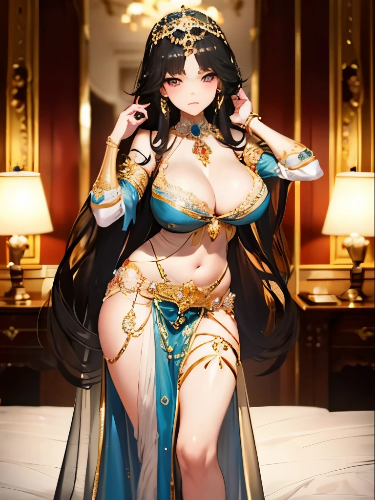 nsfw,((anime moe artstyle)),((Masterpiece)), (Best Quality), (Super Detail), Illustration, (((Very Delicate and Beautiful))),Dynamic Angle,Looking at viewer,((((Solo)))),(((Full body))),(((1 arrogant lady Belly dancing in the royal bedroom))),(dancing),(arrogant),(((glaring))),(((blush))),(Purple eyes),Sharp eyes,Detailed Face, Long Eyelashes,Jet Black Hair,Straight Hair,((Very Long Hair)),Bangs between eyes,((((big breasts)))),cleavage,((skindentation)),curvy,See-through, jeweled thigh strap, jeweled arm ring, anklet, jeweled armlet,((((((jeweled Nipple cover))))), (((((jeweled crotch))))), ((((navel piacing)))), (((((waist jeweled brooch))))),((gold trim)),long gloves,Beautifully Gorgeous jeweled big tiara,Beautifully Gorgeous gem earrings,Beautifully Gorgeous jeweled necklace,Beautifully Gorgeous jeweled ornaments,indoor,light particles,royal bedroom,