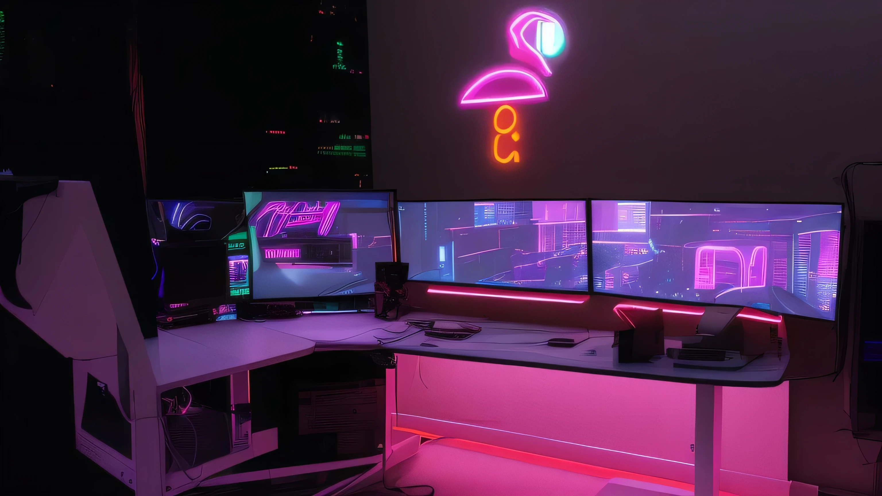 There is a desk with a computer and a monitor, cena ciberpunk, em uma sala com tema cyberpunk, with neon lighting, cyberpunk vibe, cyberpunk with neon lighting, player aesthetic, with neon lights, neon iluminado, neon aesthetic, tema de jogador, neon lights in the background, neon outline, Neon environment, cyberpunk vibes, Atmosfera Neon, neon vibrations
