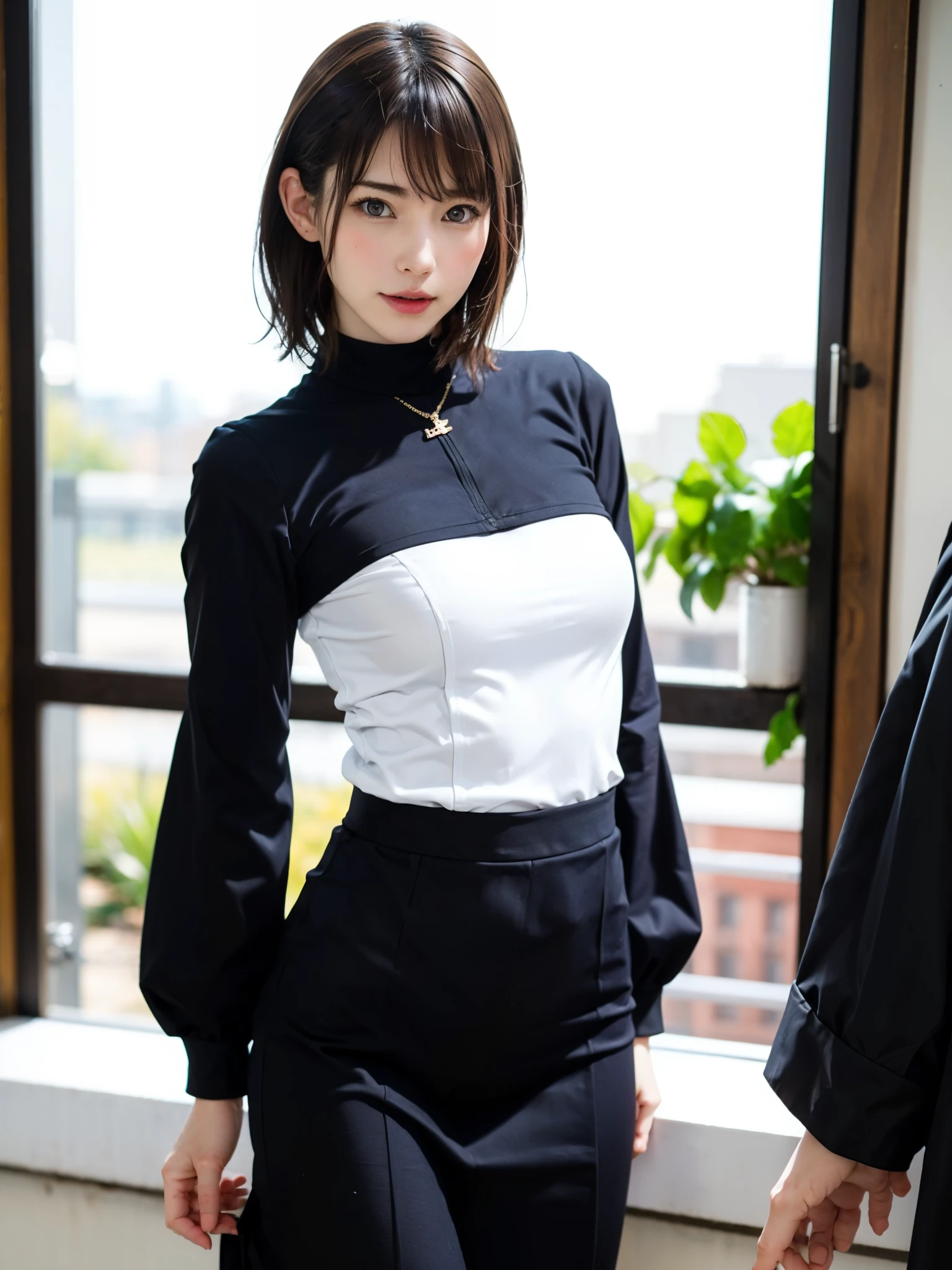 (table top, highest quality、high detail:1.4、very attractive beauty、Adds intense highlights to the eyes、look closely at the camera:1.4、Beautiful woman full of charm、ideal body proportions、perfect anatomy、brunette short bob hair、shiny hair、bangs:2、光沢のあるbangs:2、lip gloss),1 girl, Report, light brown shiny hair, scarf,realistic, looking at the viewer、Please tilt your head slightly, bright colored crystal light blue eyes, short and shiny hair、 chest中央に穴の開いた白いタートルネックの衣装,chestの真ん中に丸い穴のあるセクシーな白いタートルネック ニット セーター、 lips, lip gloss, Upper body、Big eyes、eyelash、face is a little red、embarrassing)、((italian road in winter))、((short hair with Big eyess、Give students very powerful highlights、{Huge|big|Hugeな|mega} chest:2、very bigger chest:2、look at the audience、very beautiful beauty、show me your ears、long neck、smile a little、beautiful teeth、open your mouth and smile、heart shaped eyes))、28 years old、very cute super model、portrait:2、close your face:2