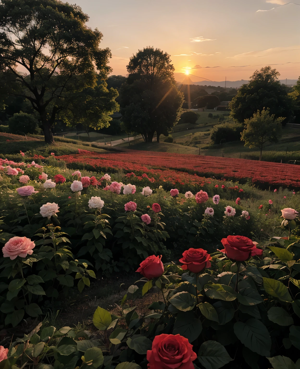 Por do sol com rosas vermelhas 