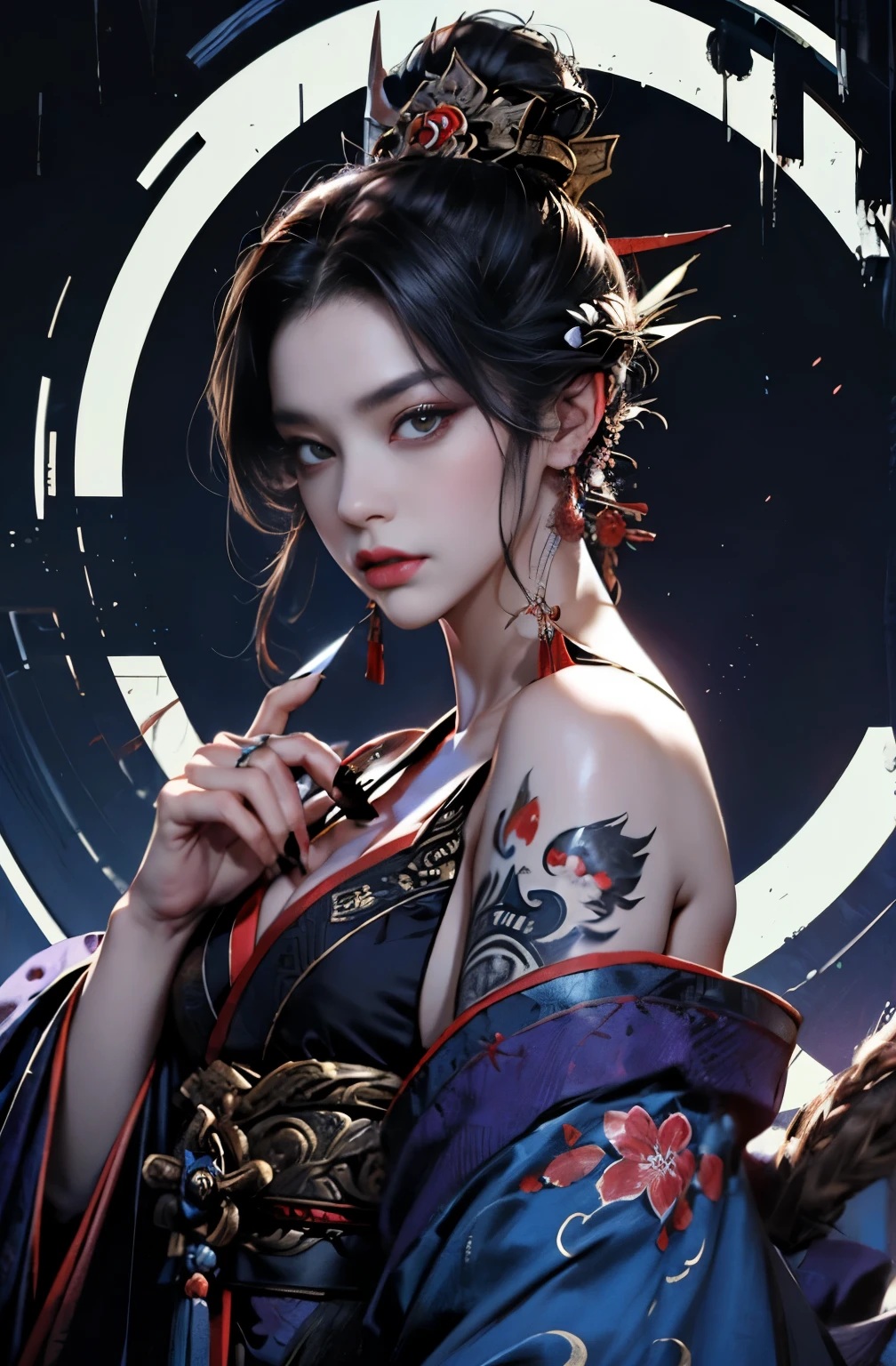 beautiful demon painting, knife剣を携えた鬼の女, knife, 妖knife, knife, strong female samurai, 2Book horns, mouth with fangs, Eyes without pupils, gambling, Hyakka Ryōran, Flower of Shura, platinum blonde demon, Beautiful red kimono, Oiran, highest ranking woman, Ghost Girl, Female Yakuza, Doji Ibaraki, Shuten Douji, Inspired by Chen Yifei, Inspired by Francesco Hayez, Inspired by Hendrik Terbruggen, Jean=Works that influenced Auguste Dominique Ingres, Inspired by Liu Jun, Jean=Works that influenced Auguste Dominique Ingres, highest quality, perfect angle, perfect composition, The perfect subject, best shot, official art, cinematic light, figurative art, Beautiful and expressive paintings, Beautiful artwork illustration, wonderful, cool beauty, clear, Mysterious, highest quality, official art, perfect composition, perfect angle, best shot, women only, sharp outline, pretty much beautiful face, The demon lurking in the darkness of Kyoto, Lord of Chimi-Mourou, A ruthless demon woman, demon queen, Female Yakuza, full body tattoo, Danbilla, 妖knife, wide, Rashomon