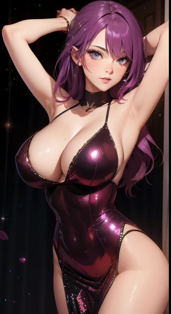 Beautiful sexy girl in a sexy sequin party dress, shiny, stylish, armpits
