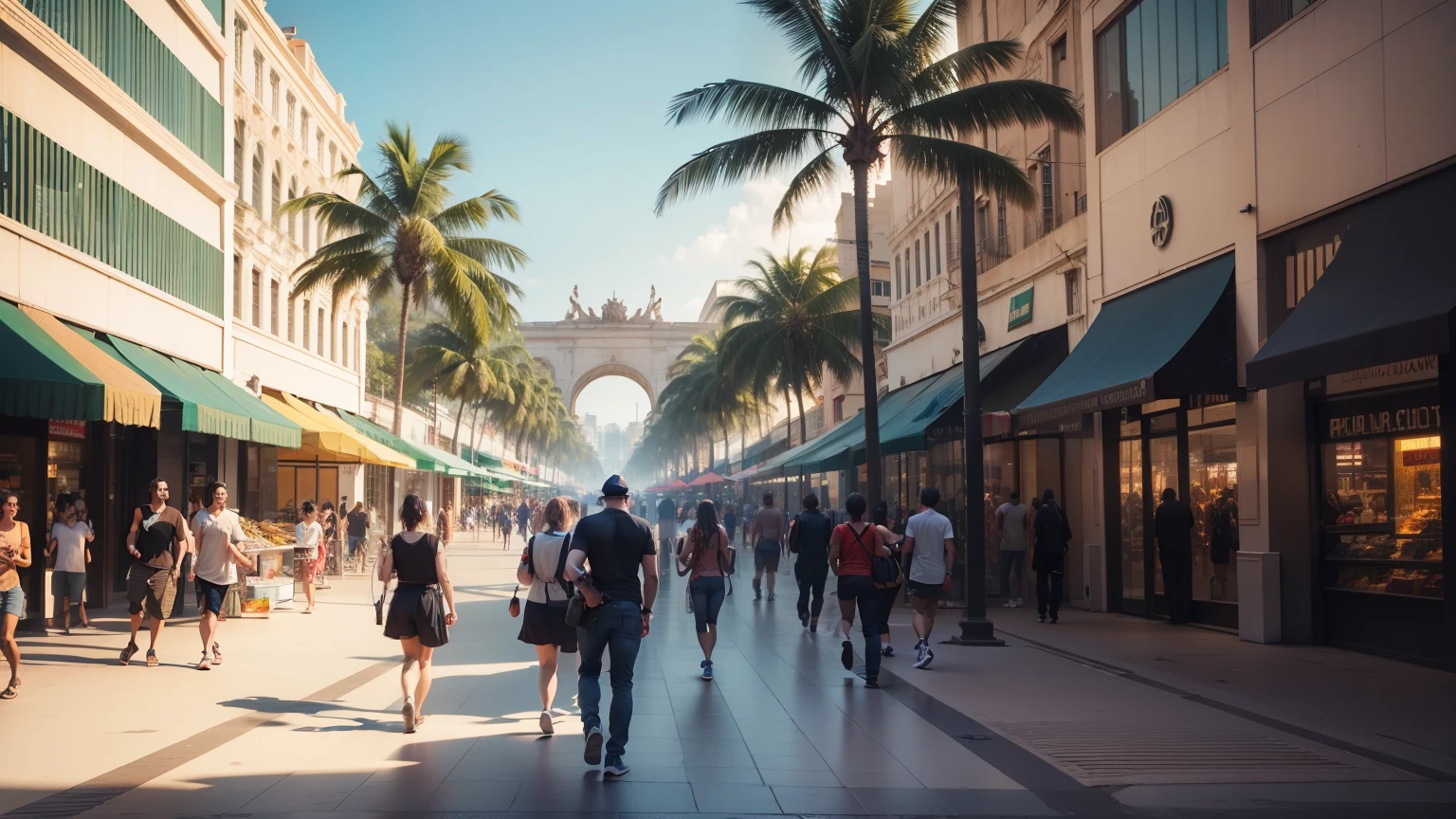 group of people on the streets, background with shopping mall, palm trees, shopping Brazil, people looking at and thin demons skinny, dark wings, 8k, ultra realistic