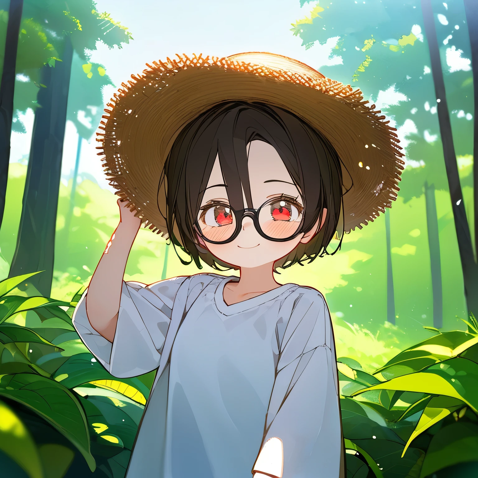 (best quality,masterpiece:1.3),((cute 1 girl:1.2)),(,8 years old:1.4), expressive eyes, perfect face, eye (red), smile, straw hat, short hair Black, forehead, open forehead, Round Glasses Black, white oversize shirt, low view, color full, forest, random pose