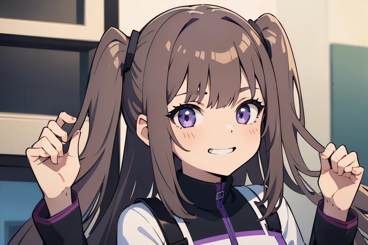 1 person、girl、baby face、light brown gray hair、hairstyle one side up、Blue-purple eyes、slanted eyes、Black Jersey、Sister-like、Grinning face、simple、Single Picture