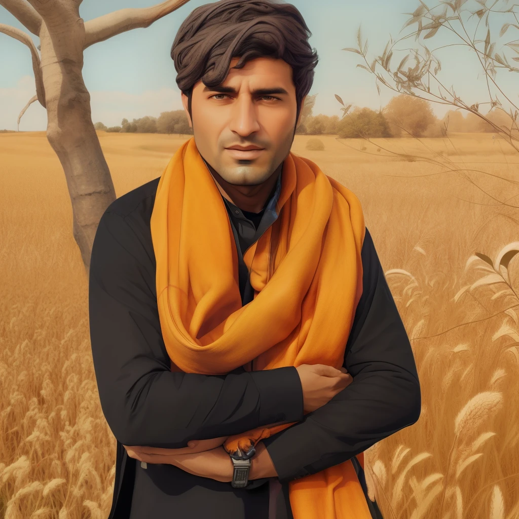 arafed man standing in a field with a scarf around his neck, digital art picture, [ digital art ]!!, digital art!!, edited in photoshop, coloured photo, colored photo, khyzyl saleem, digital art but photo, a colorized photo, in style of digital painting, drawn with photoshop, color portrait, digtial painting, digital painting highly detailed