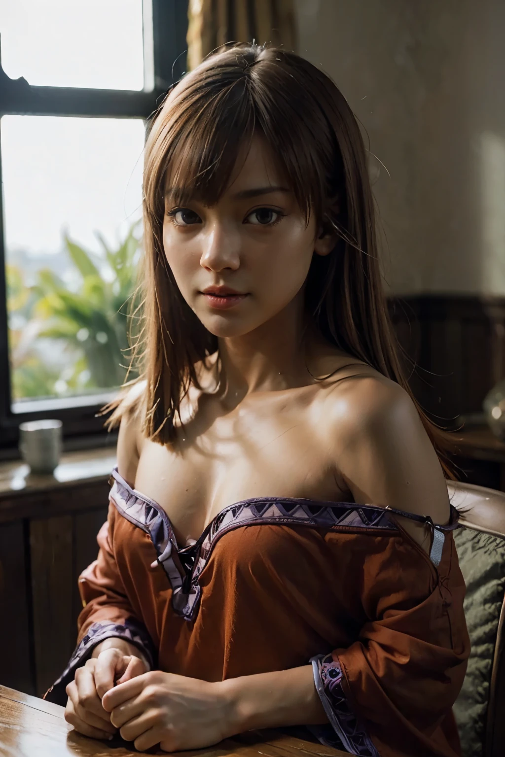 Beautiful young girl, Sera from yugioh, cute face, blushing, indifferent look, tanned japanese girl, amber eyes, golden hair decorations, bareshoulder outfits,  girl with bust, upper body portrait, sexyposture, ((8K 、RAW photos、top-quality、tmasterpiece)、 Film Grain、High Detail RAW Color Photo Professional Photo、(hentail realism、Photorealism:1.37)、(top-quality)、(Best shadows)、(The best illustrations)、 8k wallpaper、physically-based renderingt、Cinematic lighting)，