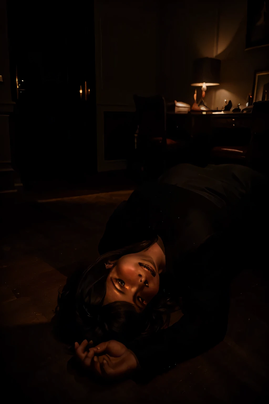Illustrate a dark, atmospheric scene with a wealthy man lying dead on the floor face down in his opulent study, surrounded by ominous shadows and illuminated by a dim light, against a backdrop of deep red as if there was a red spotlight in the room