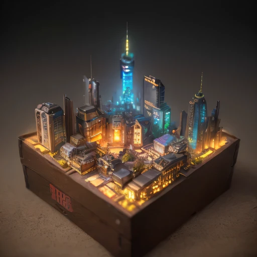 small realistic model, (bifurcation, original photo, best quality, masterpiece:1.4),SteampunkCyberpunk6920 City,(Cyberpunk light:1.3), Mards,horizon (related to land),(in a small nature box:1.3),Isometric, small nature, landscape on foundation,landscape,